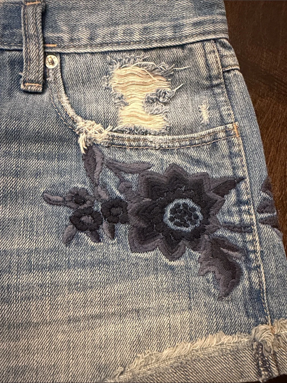 Abercrombie & Fitch Light Blue Distressed Denim Shorts with Floral Embroidery